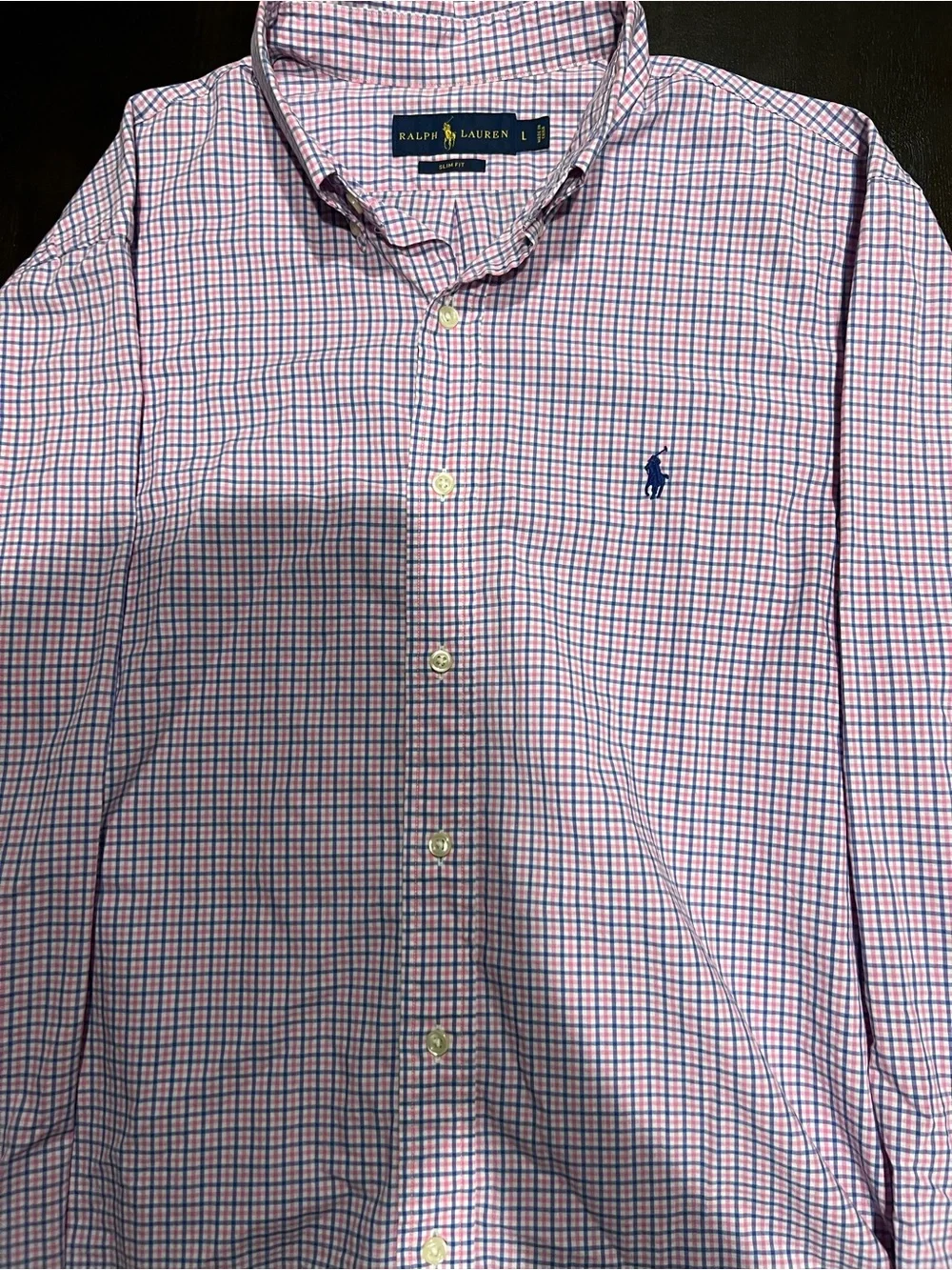 Ralph Lauren Slim Fit Men's L Pink Blue White Check Long Sleeve Woven Shirt